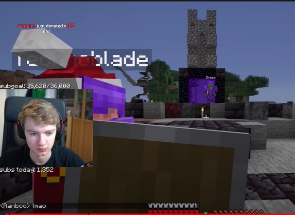 This is a screenshot from Tommy's stream. Techno and Tommy stand a bit aways from the nether portal while Dream stands just outside it, dressed in full netherite armor. Techno stands a bit in front of Tommy, physically blocking Dream from getting to him while Tommy also holds up a shield in his off-hand.